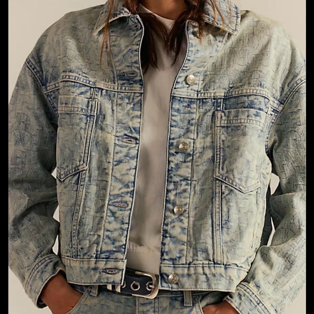 Free People NWT We the Free Jacquard Letters denim Jacket Loose Baggy Fit Medium